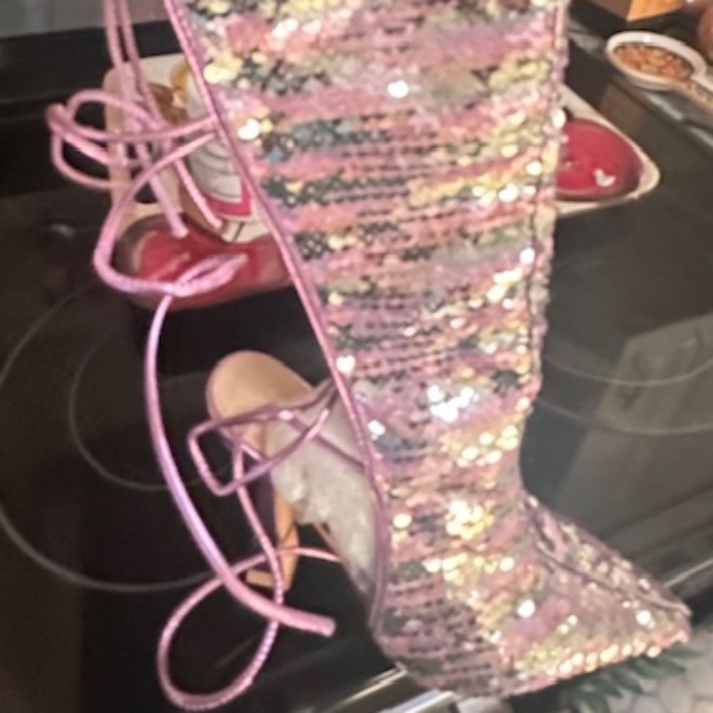 SEXY Pink & Sliver Sequin High Stiletto Boots w/Open Laced Back - Brand New 8.5M